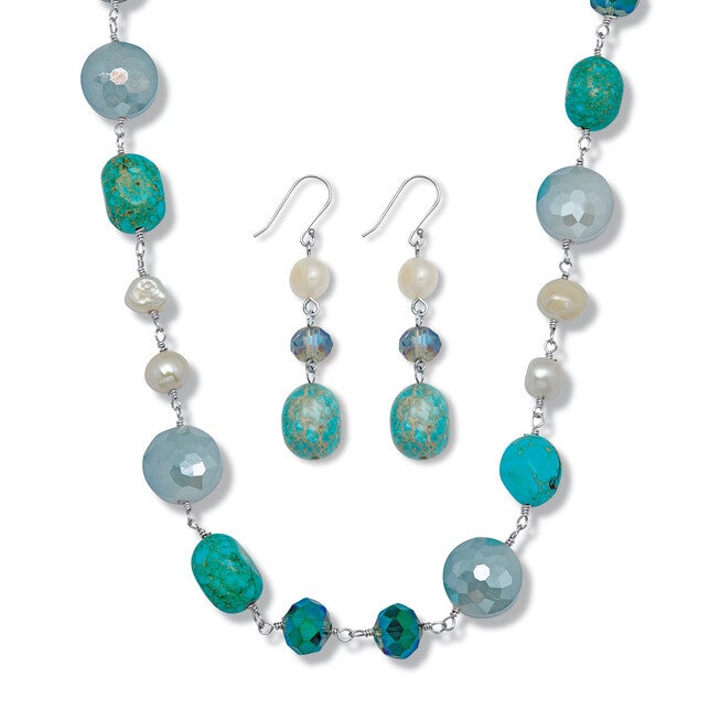 Genuine Blue Jasper and Cultured Freshwater Pearl Silvertone Jewelry Set, BLUE, hi-res image number null