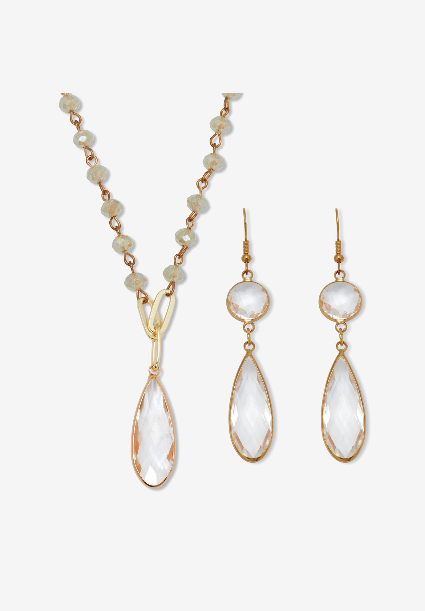 Crystal Goldtone Drop Necklace And Crystal Earrings, 2-Piece Set, WHITE, hi-res image number 0