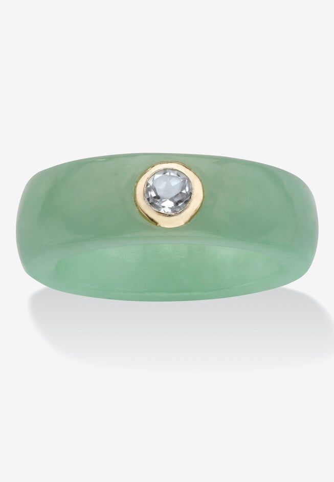 10K Yellow Gold Bezel Set White Topaz Jade Ring Jewelry, JADE GREEN, hi-res image number null