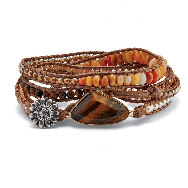 Genuine Brown Tiger's Eye Goldtone Wrap Bracelet 36-inch adjustable, BROWN, alternate image number 3