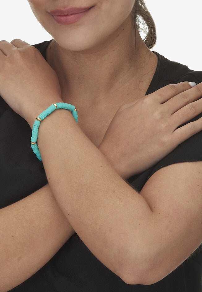 Teal Disc Bead Goldtone Hoop Earrings And Stackable Stretch Bracelet Set, , alternate image number 3