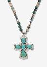 Genuine Jasper, Amazonite And Freshwater Pearl Silvertone Cross Necklace 32 Inch, BLUE, hi-res image number null