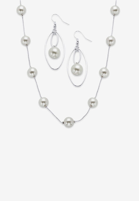 Simulated Pearl Silvertone 2-Piece Station Necklace And Drop Earring Set 18"-21", WHITE, hi-res image number null