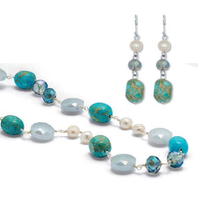 Genuine Blue Jasper and Cultured Freshwater Pearl Silvertone Jewelry Set, BLUE, on-hover image number null