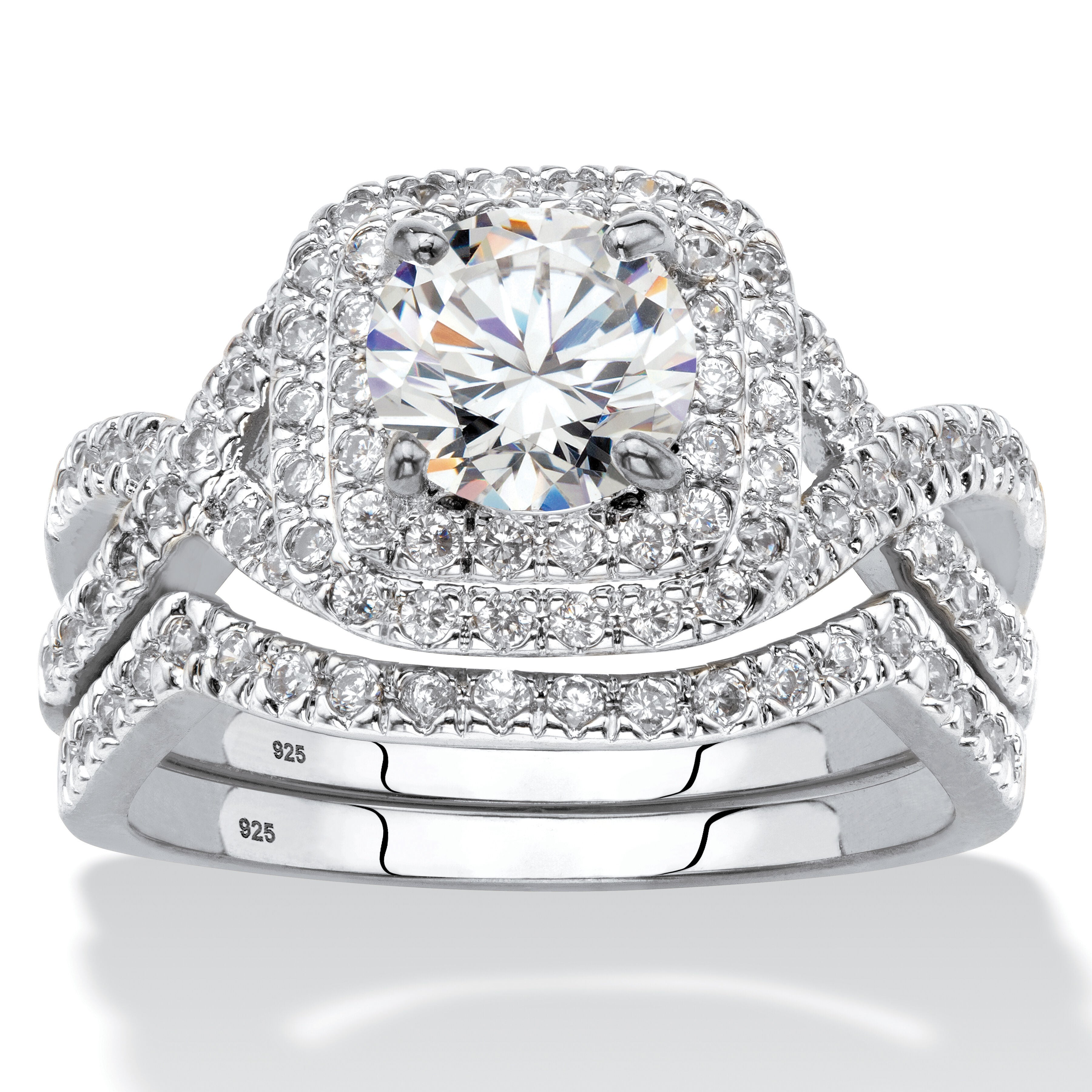 2.20 TCW CZ Two-Piece Halo Bridal Ring Set in Platinum-plated Sterling Silver, WHITE, hi-res image number 0