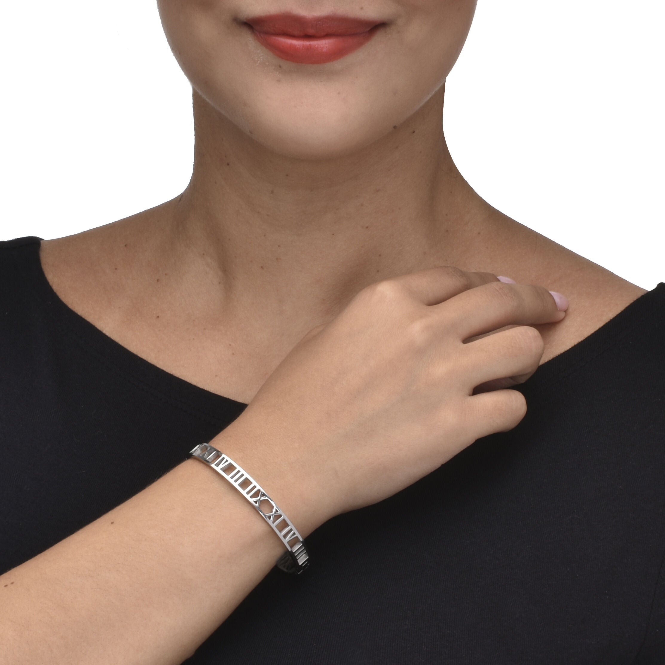 Roman Numeral Stainless Steel Bangle Bracelet, SILVER, alternate image number 2