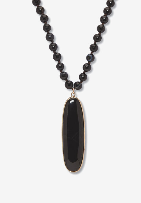 Genuine Black Agate Goldtone Bezel Set Oval Cabochon Beaded Necklace 34 Inch, BLACK, hi-res image number null