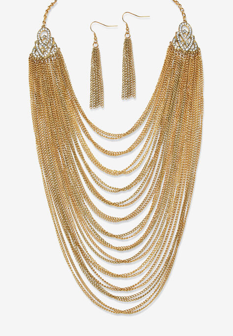 Gold Tone Waterfall 22" Necklace and Drop Earring Set, GOLD, hi-res image number null