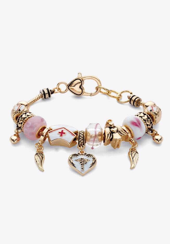 Goldtone Lucite Medical Nurse Bali Style Beaded Charm Bracelet, GOLD, hi-res image number null