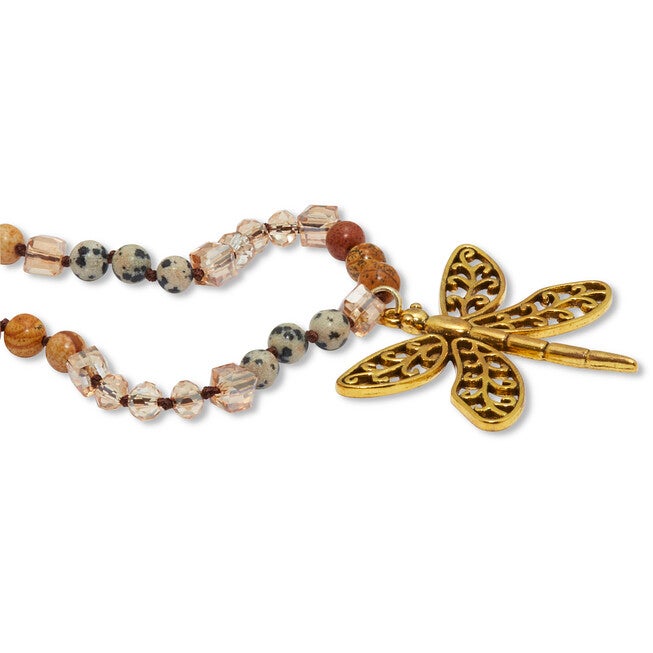 Round Genuine Jasper Goldtone Dragonfly Pendant Necklace 34-inch, BROWN, on-hover image number null