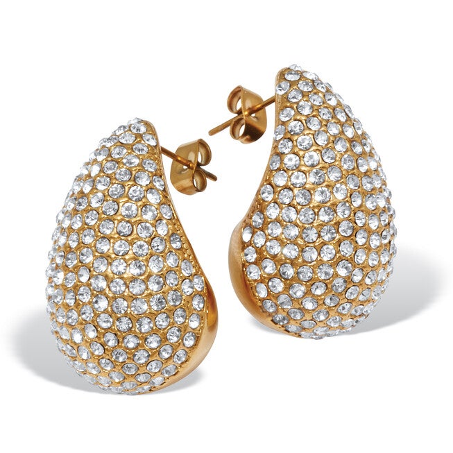 Round Crystal Yellow Gold Ion-Plated Stainless Steel Drop Earrings, WHITE, hi-res image number 0