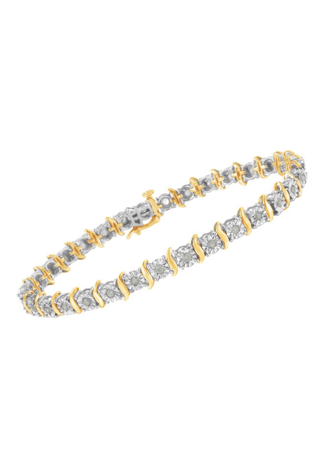 Two Toneyellow Gold Over Sterling Silver Diamond Scurve Link Miracleset Tennis Bracelet 8 inches, , alternate image number null