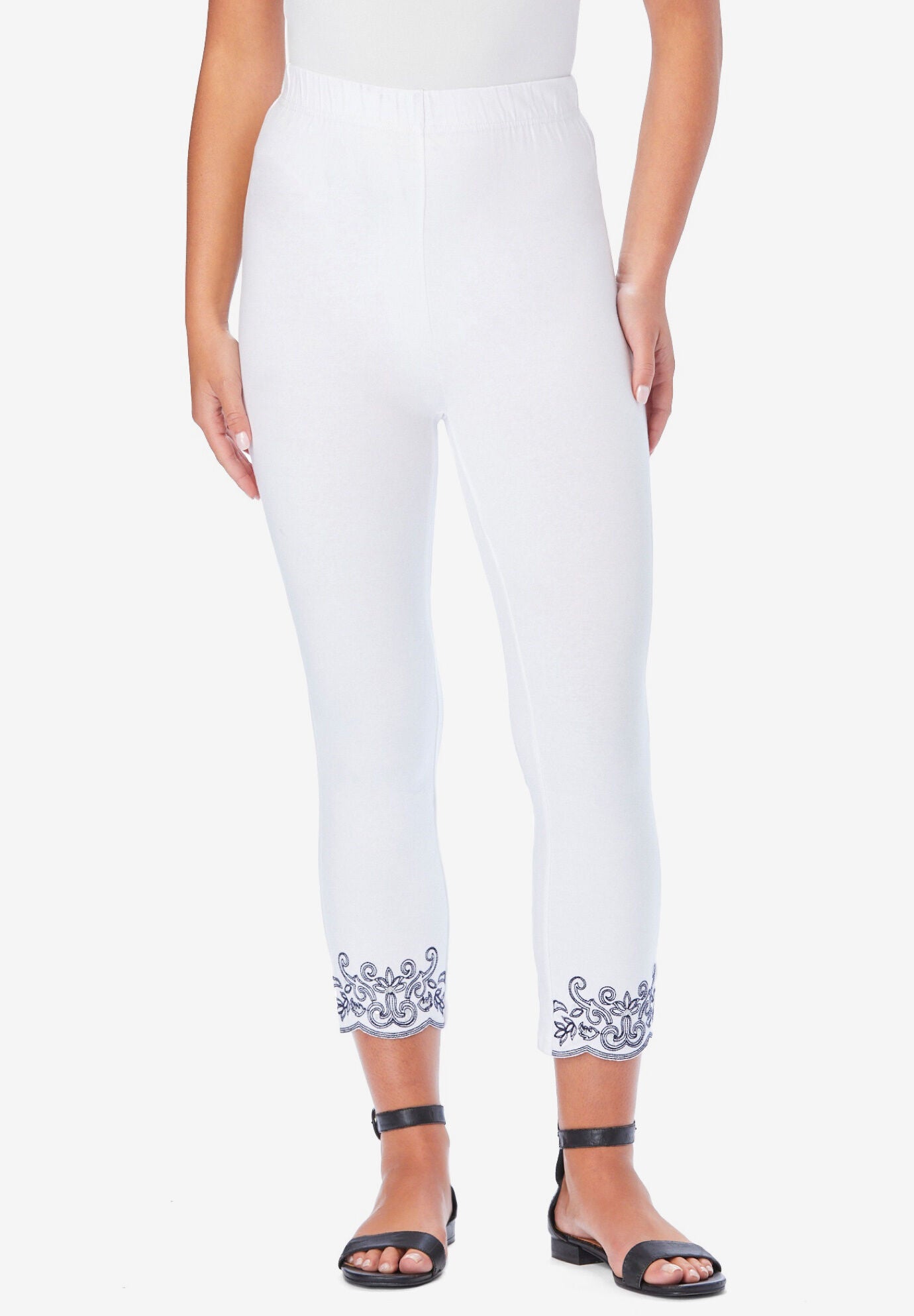 Scallop-Hem Essential Stretch Capri, WHITE SCROLL EMBELLISHMENT, hi-res image number 0