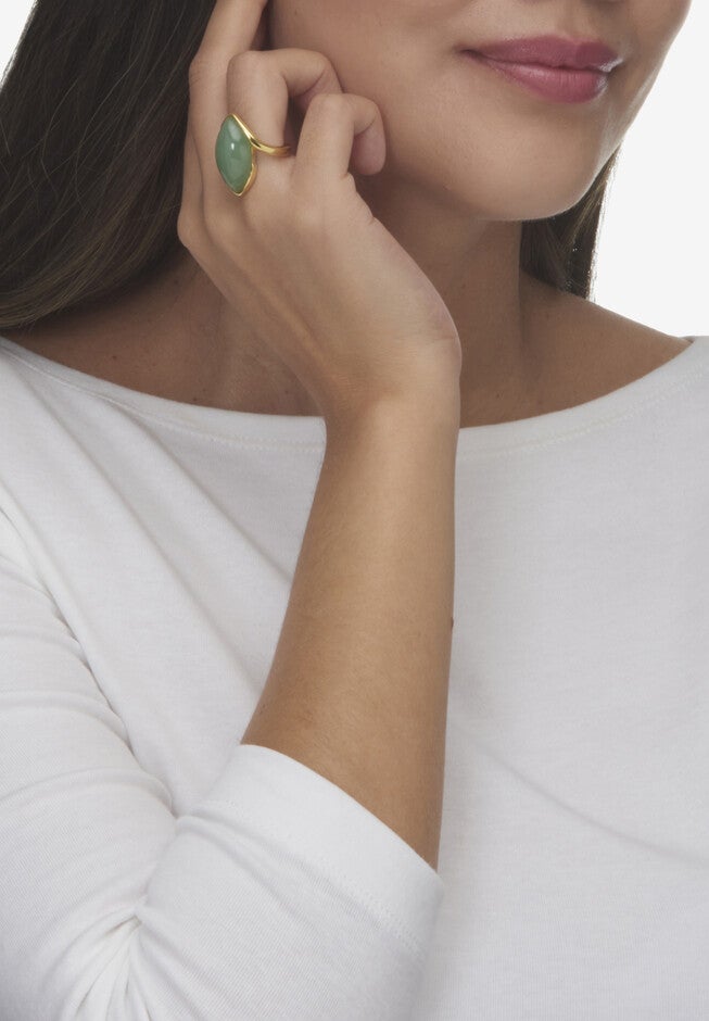 Marquise-Cut Genuine Green Jade Gold-Plated Sterling Silver Cabochon Bypass Ring, , alternate image number 3