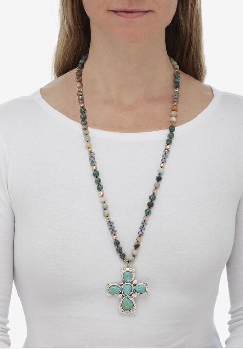Genuine Jasper, Amazonite And Freshwater Pearl Silvertone Cross Necklace 32 Inch, , alternate image number null