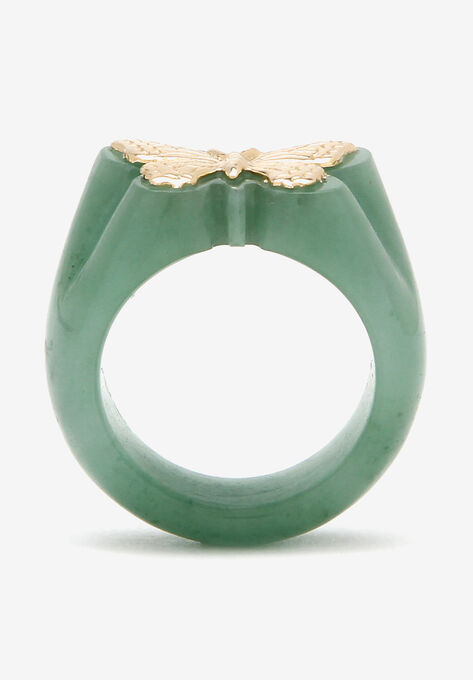 14K Yellow Gold Genuine Green Jade Butterfly Ring, , on-hover image number null