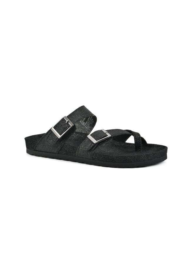 White Mountain Gracie Leather Sandal, BLACK GLITTER FABRIC, hi-res image number 0