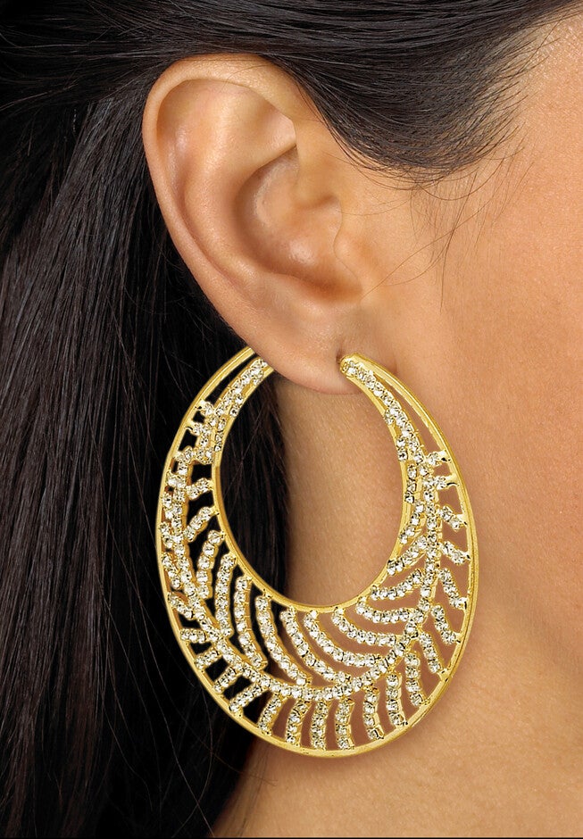 Goldtone Round Crystal Leaf Hoop Earrings, , alternate image number 2