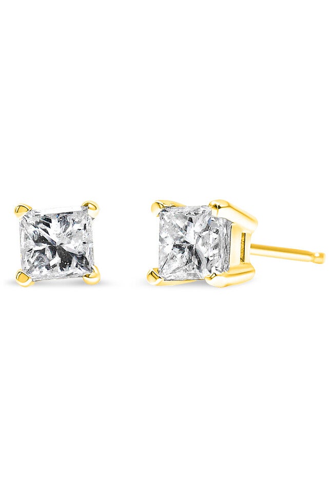 Yellow Gold Princesscut Diamond Petite Classic Square Stud Earrings, YELLOW GOLD, hi-res image number null