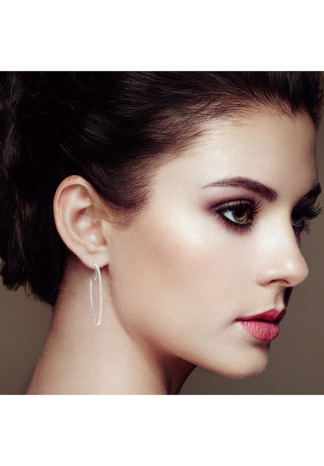 Sterling Silver Diamond Accent Medium D Hoops Earrings, , alternate image number null