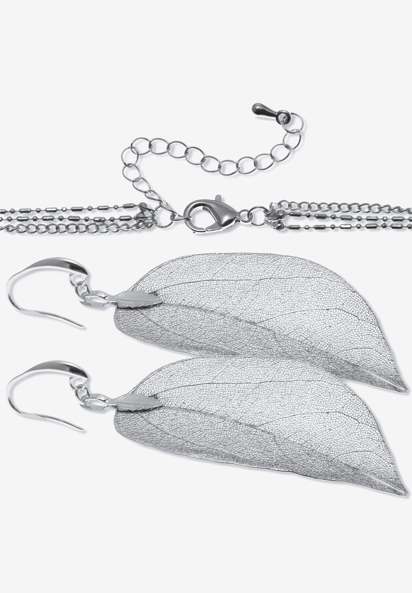 Silvertone Leaf Necklace And Drop Earrings Set, 26 Inches, Plus 2 Inch Extension, , on-hover image number 1