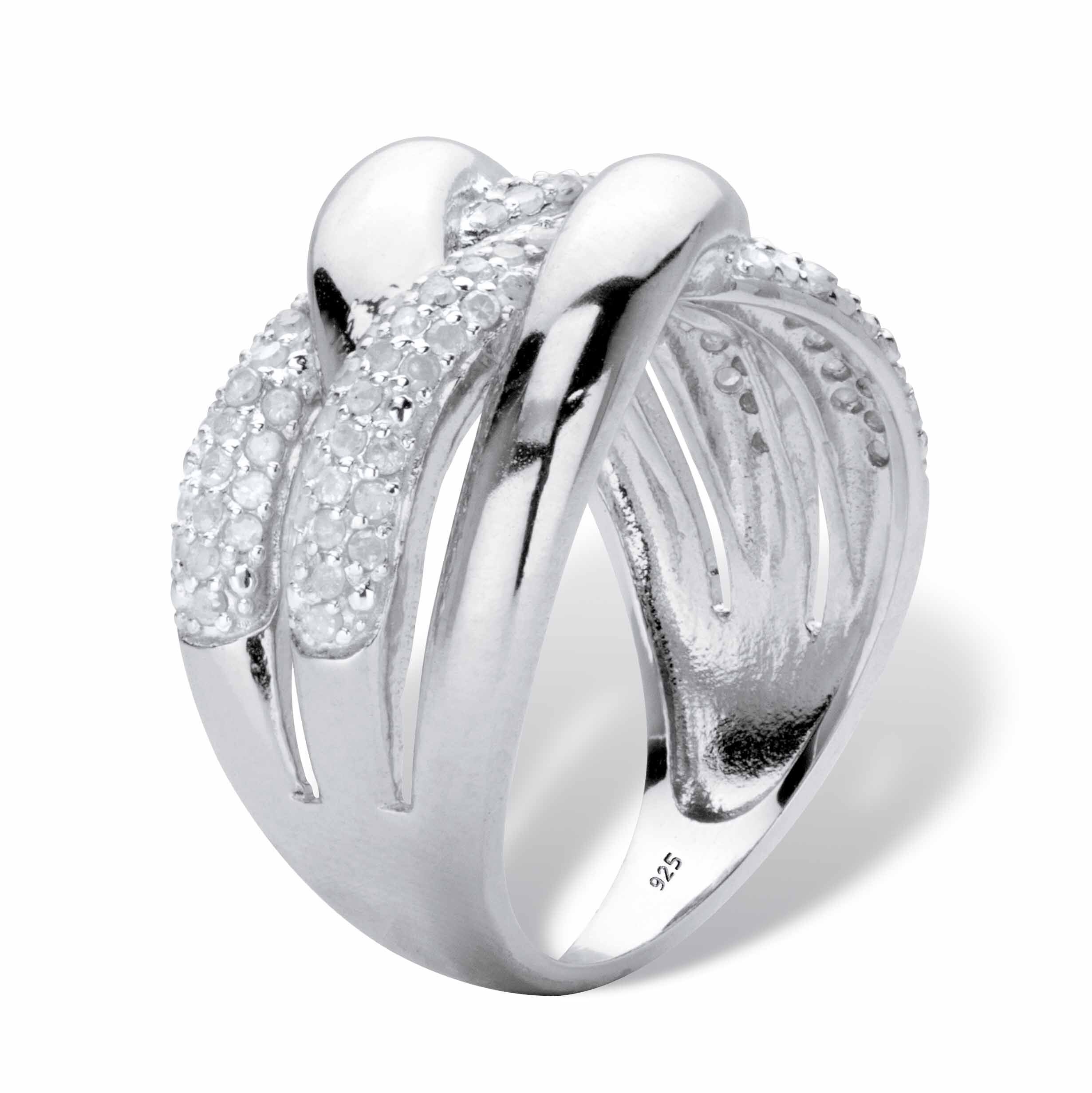 1/2 Cttw. Round Diamond Platinum Plated Sterling Silver Crossover Ring, WHITE, on-hover image number 1
