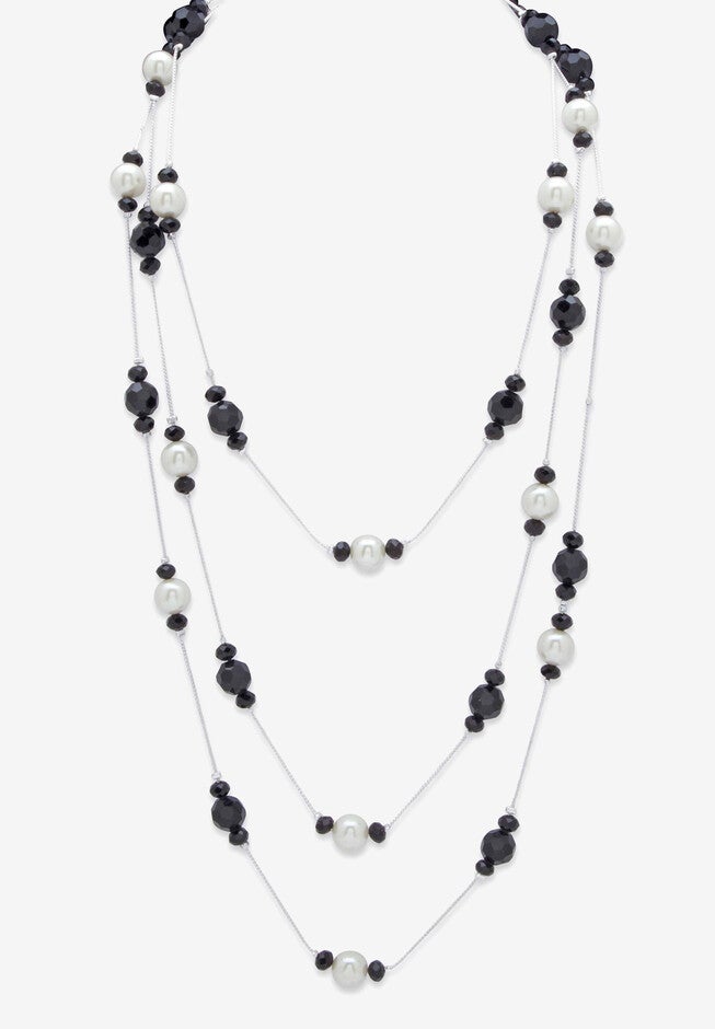 Simulated Black Onyx And Pearl Silvertone Beaded Multi-Strand Necklace 70 inches, BLACK, hi-res image number 0