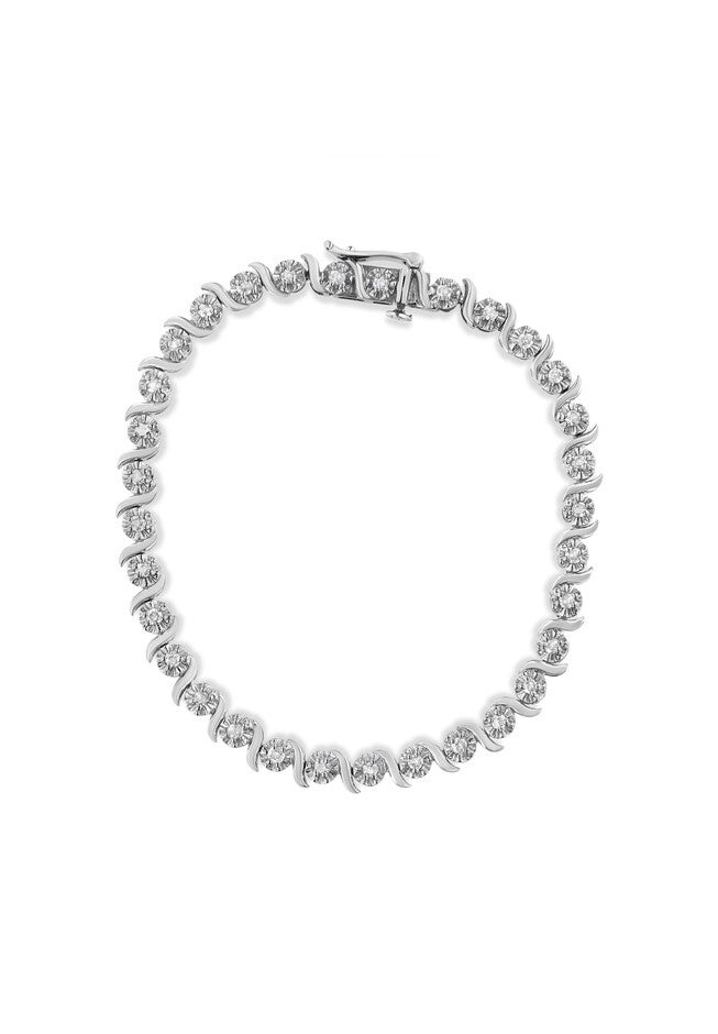 Sterling Silver Diamond Spiral Wave Curvedlink Tennis Bracelet, , on-hover image number 1