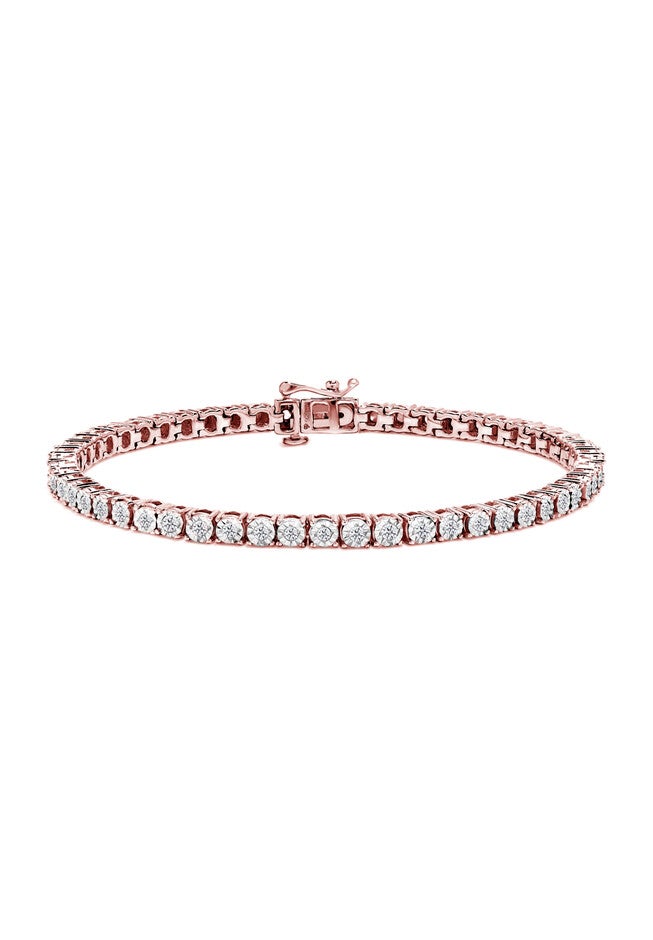 Rose Gold Plated Sterling Silver Miracleset Diamond Round Faceted Bezel Tennis Bracelet 7 inches, ROSE GOLD, hi-res image number 0