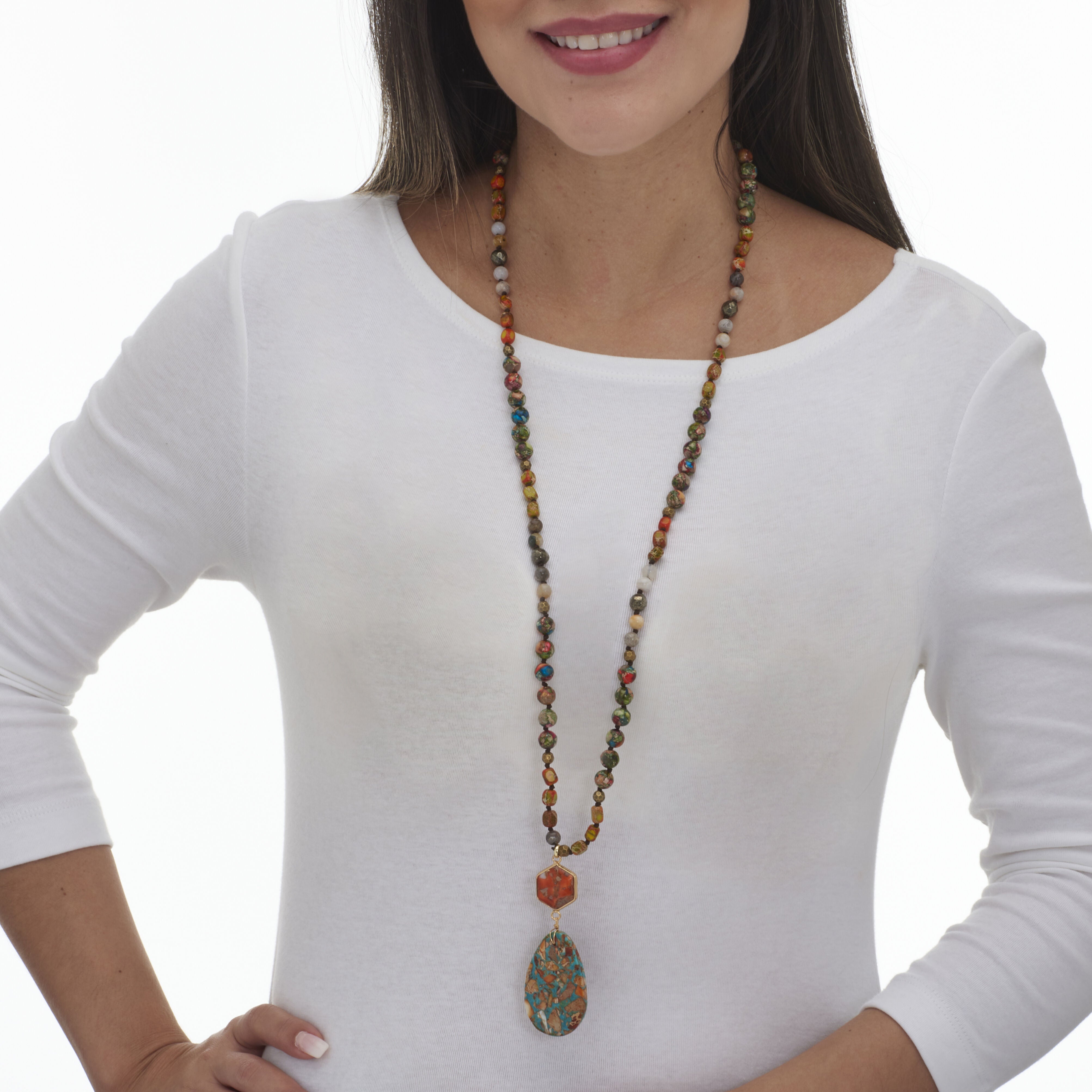 Genuine Jasper Goldtone Drop Pendant Necklace 34-inch, TURQUOISE, alternate image number 2