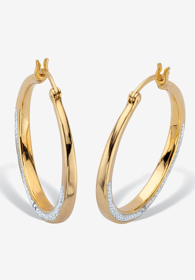 Yellow Gold Plated 2 Sided Round Genuine Diamond Hoop Earrings (31Mm), DIAMOND, hi-res image number 0