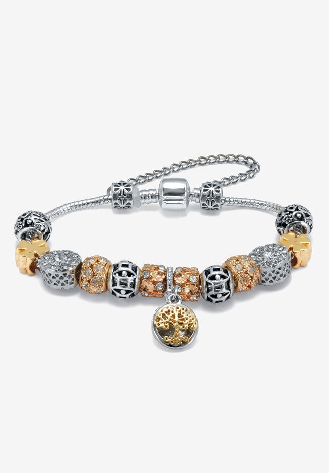 Round Crystal Silvertone Antiqued Charm Bracelet, 7 To 9-Inch, SILVER, hi-res image number null
