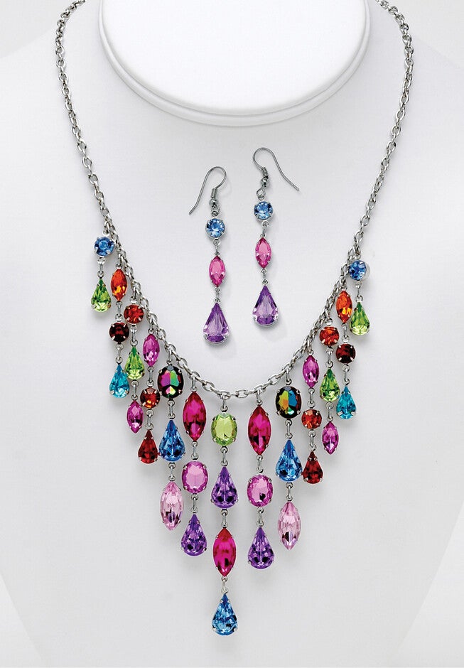 Multicolor Crystal Bib Necklace And Earrings 2-Piece Set In Antiqued Silvertone, , alternate image number 4