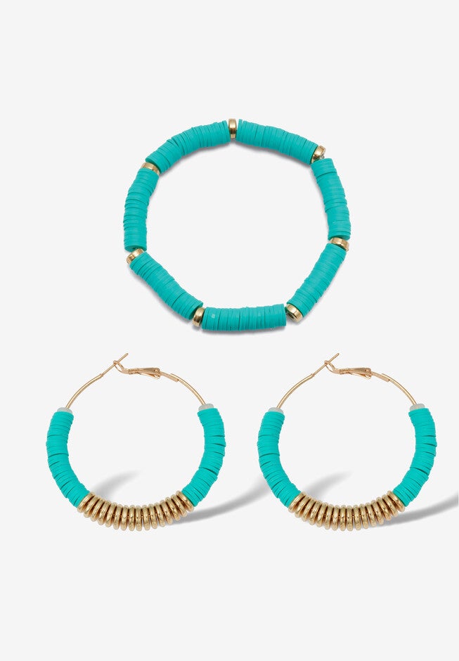 Teal Disc Bead Goldtone Hoop Earrings And Stackable Stretch Bracelet Set, , on-hover image number 1