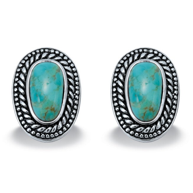 Genuine Blue Turquoise Sterling Silver Cabochon Bohemian Earrings, BLUE, hi-res image number null