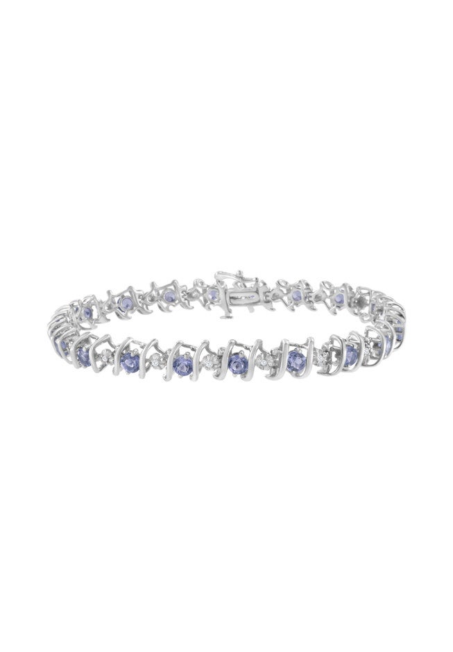 Sterling Silver Gemstone & Round Diamond Tennis Bracelet Tanzanite December Birthstone, WHITE, hi-res image number 0