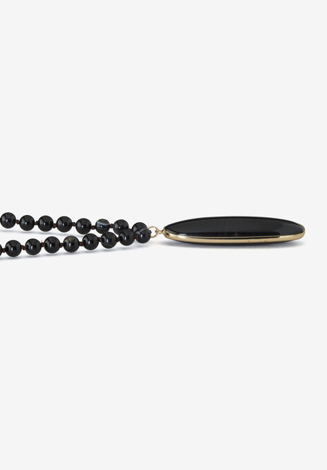 Genuine Black Agate Goldtone Bezel Set Oval Cabochon Beaded Necklace 34 Inch, , on-hover image number null