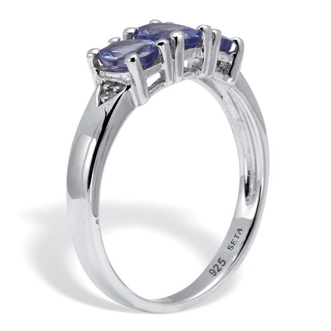 .89 TCW Genuine Purple Tanzanite and Diamond Accent Sterling Silver 3-Stone Ring, PURPLE, on-hover image number null
