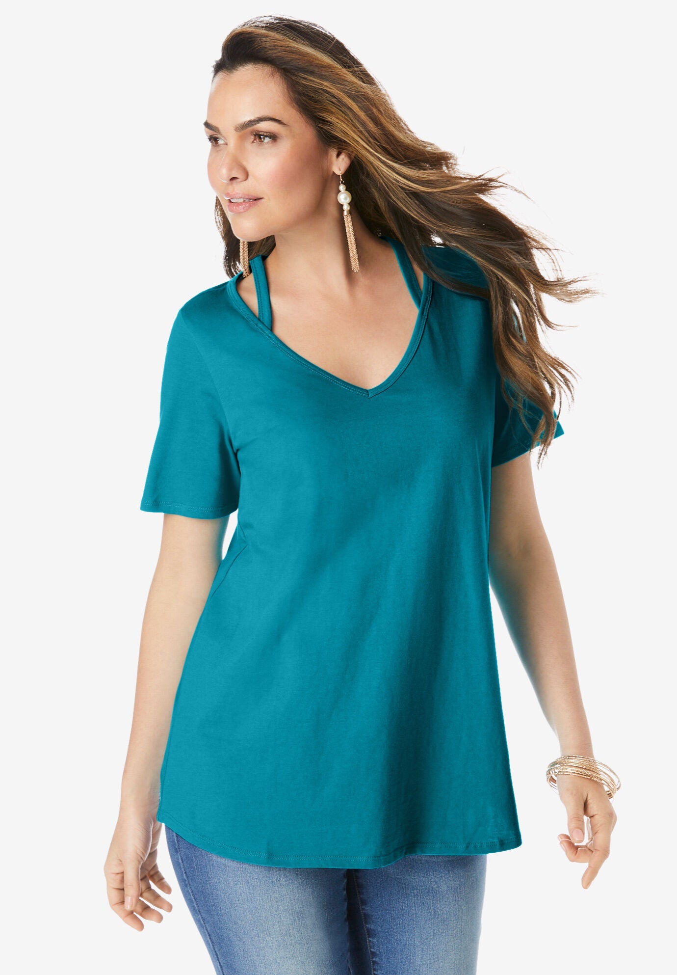 Slit V-Neck Ultimate Tee, DEEP TURQUOISE, hi-res image number 0