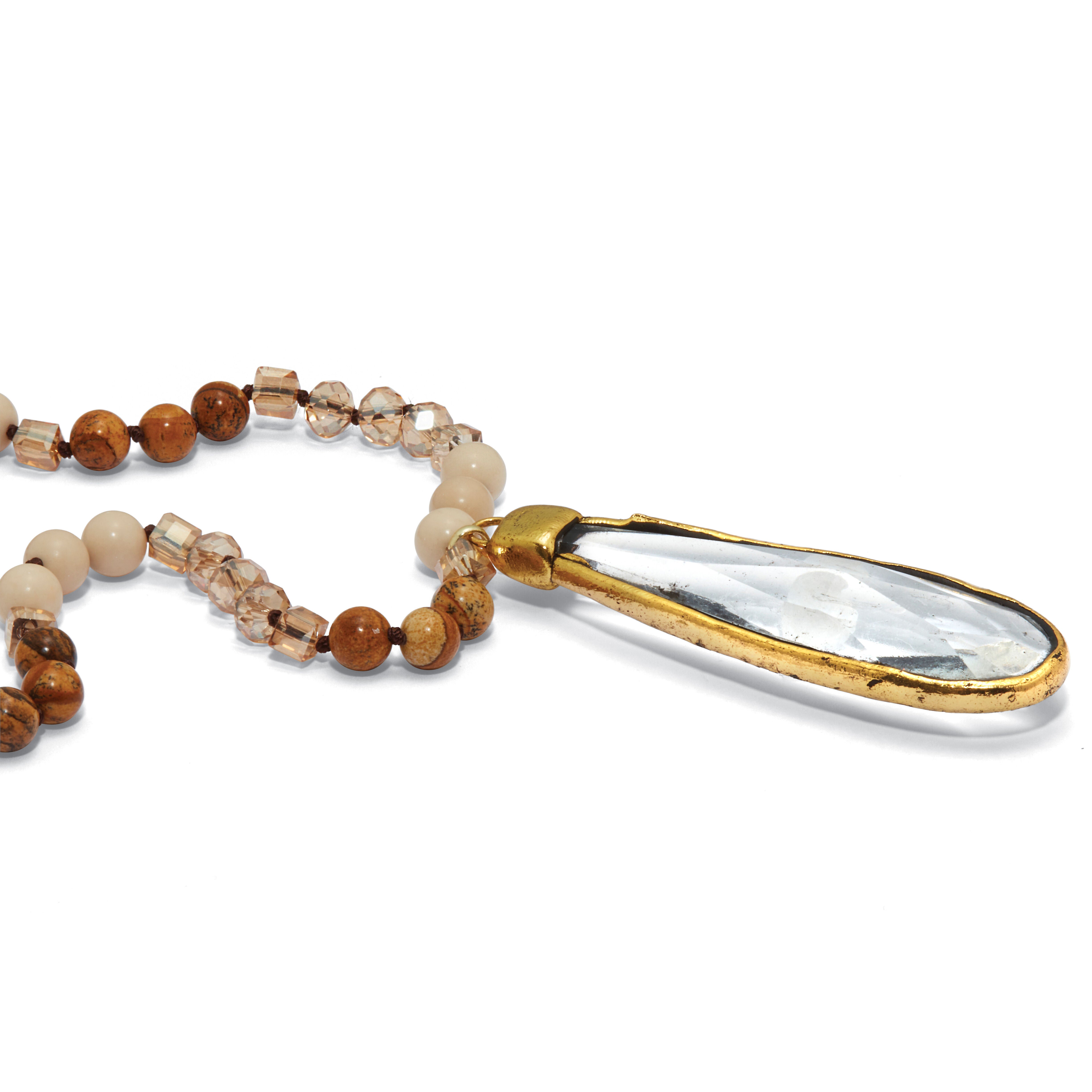 Crystal Pendant and Genuine Jasper and White Agate Goldtone Necklace 32-inch, WHITE, on-hover image number 1