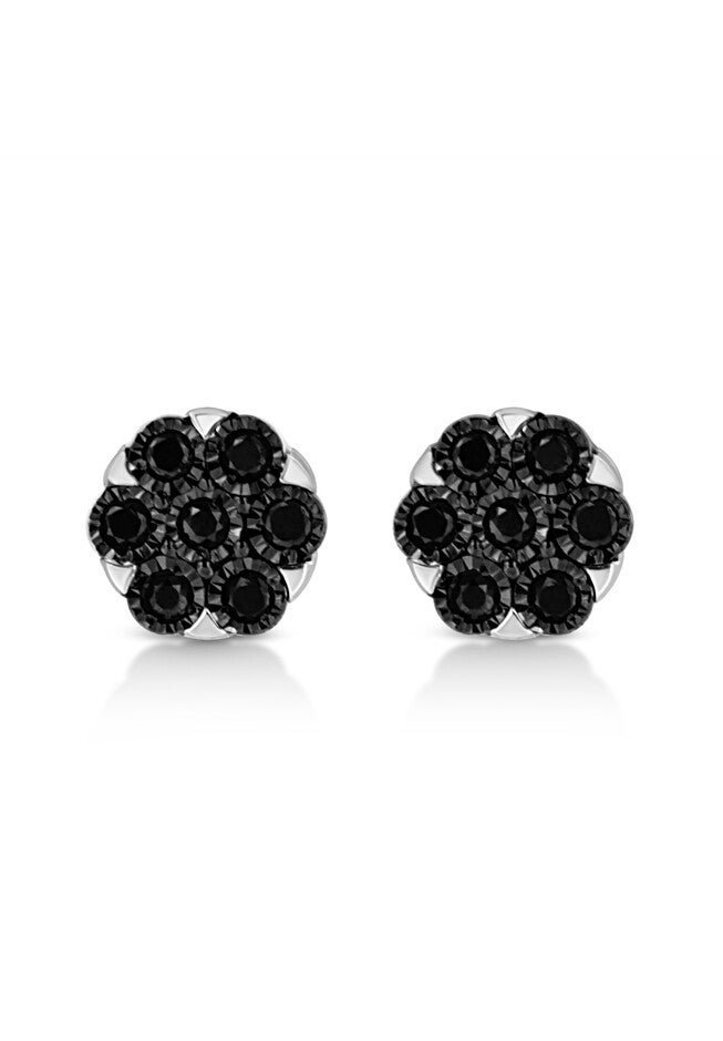 Silver 1/4 Cttw Black Diamond Cluster Flower Stud Earrings, BLACK, hi-res image number null
