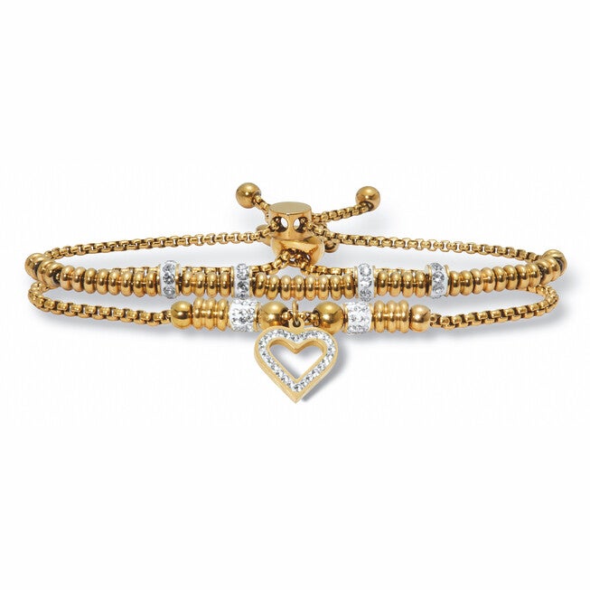 Round Crystal Gold Ion-Plated Stainless Steel Heart Charm Bracelet Set 7-inch, WHITE, hi-res image number null