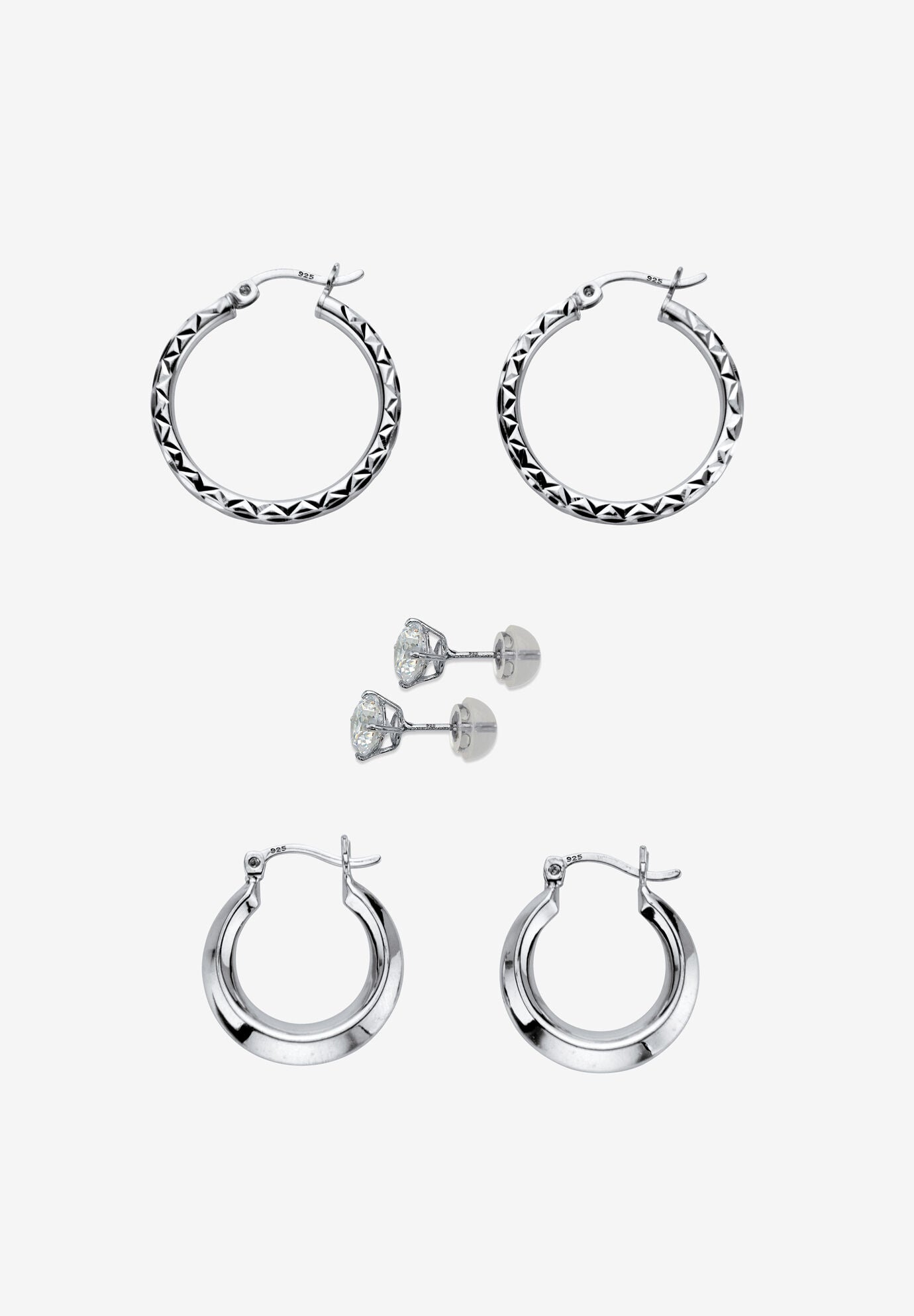 Sterling Silver 3 Piece Stud Earrings & Hoop Set (1 Cttw ) (17.5Mm) (25Mm), , on-hover image number 1