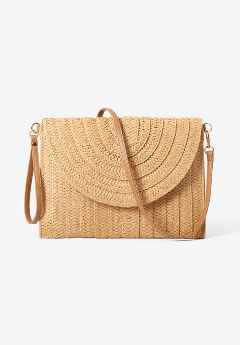Straw Foldover Clutch., , on-hover image number null