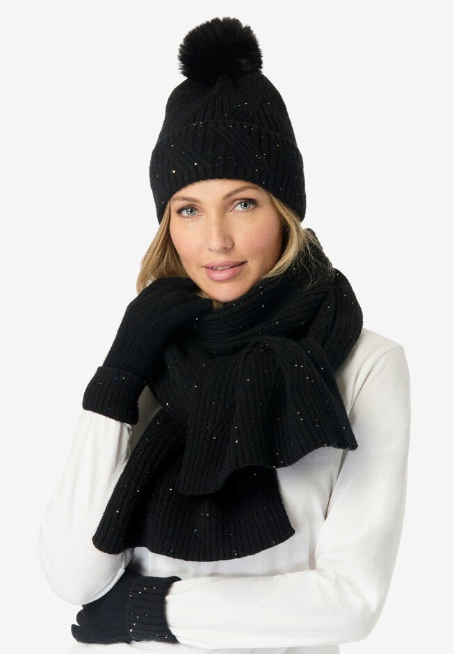 3-Pc Sequin Knitted Hat, Scarf And Gloves Set, BLACK, hi-res image number null