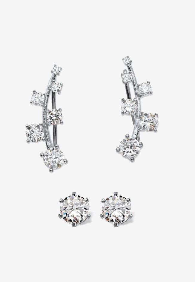 2.22 Cttw. Cubic Zirconia .925 Silver Ear Climber And Stud 2-Pair Earring Set, SILVER, hi-res image number 0