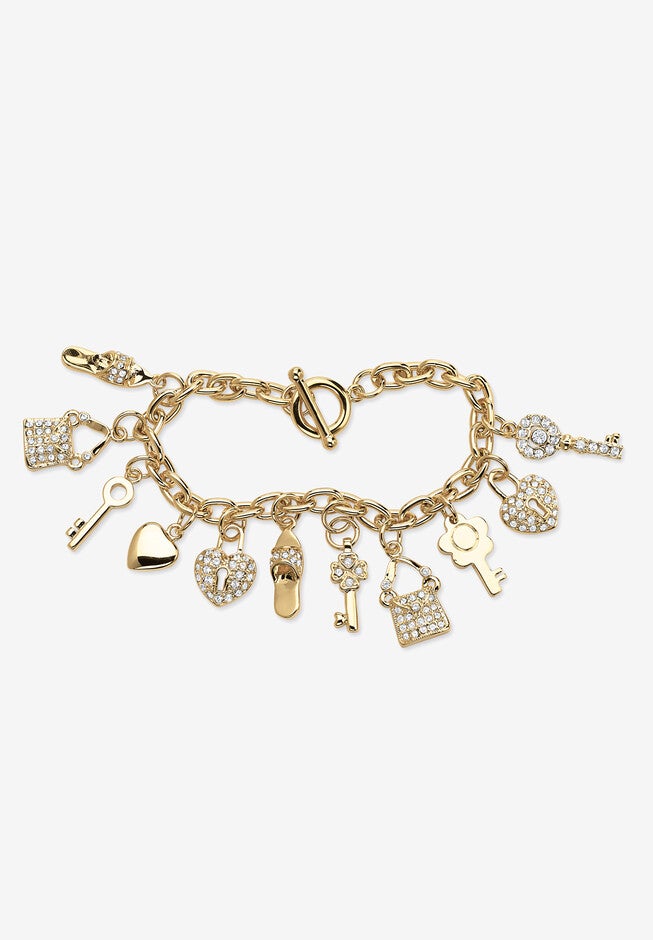 Gold-Plated Shoe,Purse,Heart Lock And Key Charm Bracelet, Crystal 7.5 inches, CRYSTAL, hi-res image number null