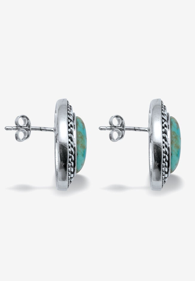 Genuine Blue Turquoise Sterling Silver Cabochon Bohemian Earrings, , on-hover image number null