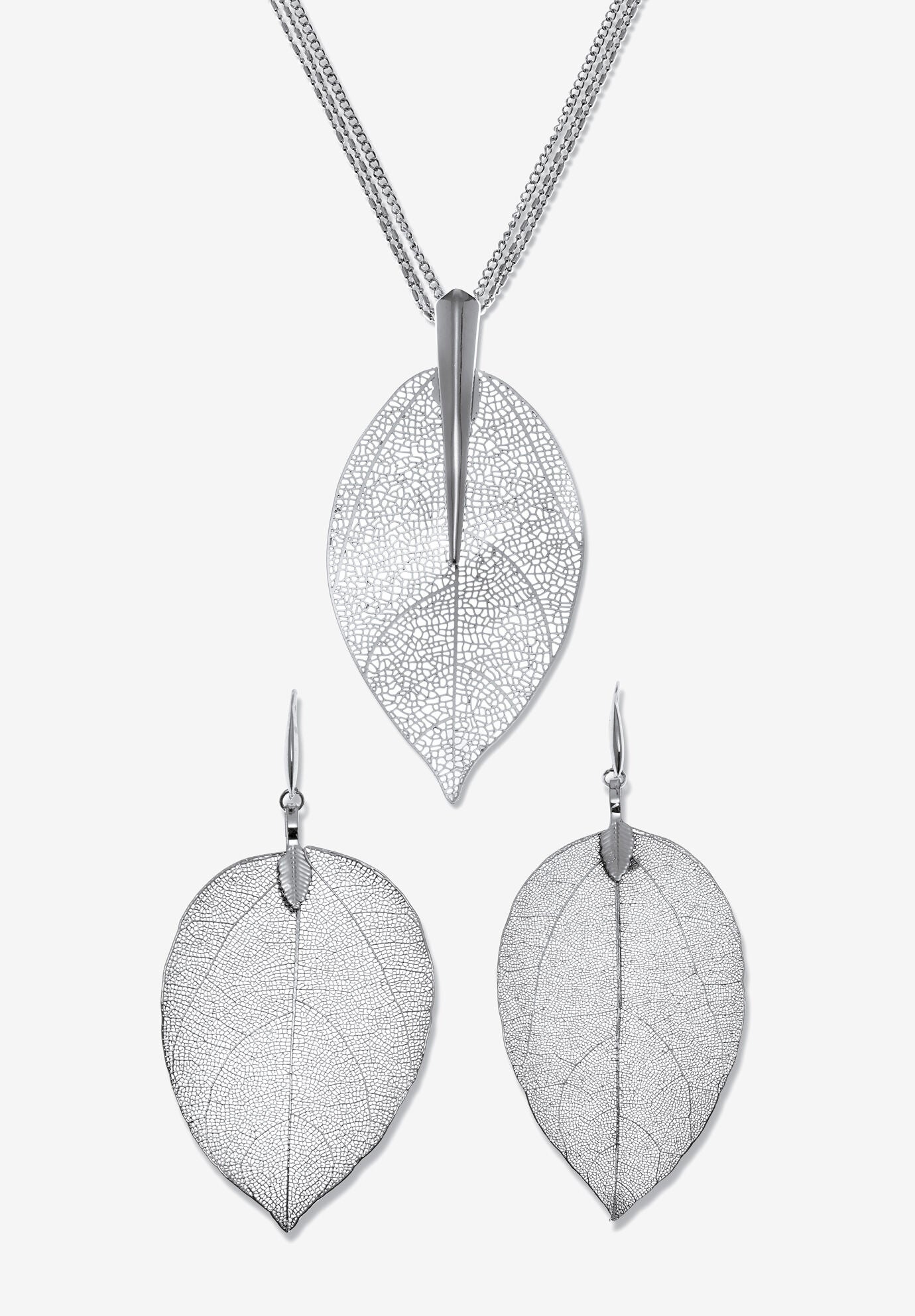 Silvertone Leaf Necklace And Drop Earrings Set, 26 Inches, Plus 2 Inch Extension, SILVER, hi-res image number 0
