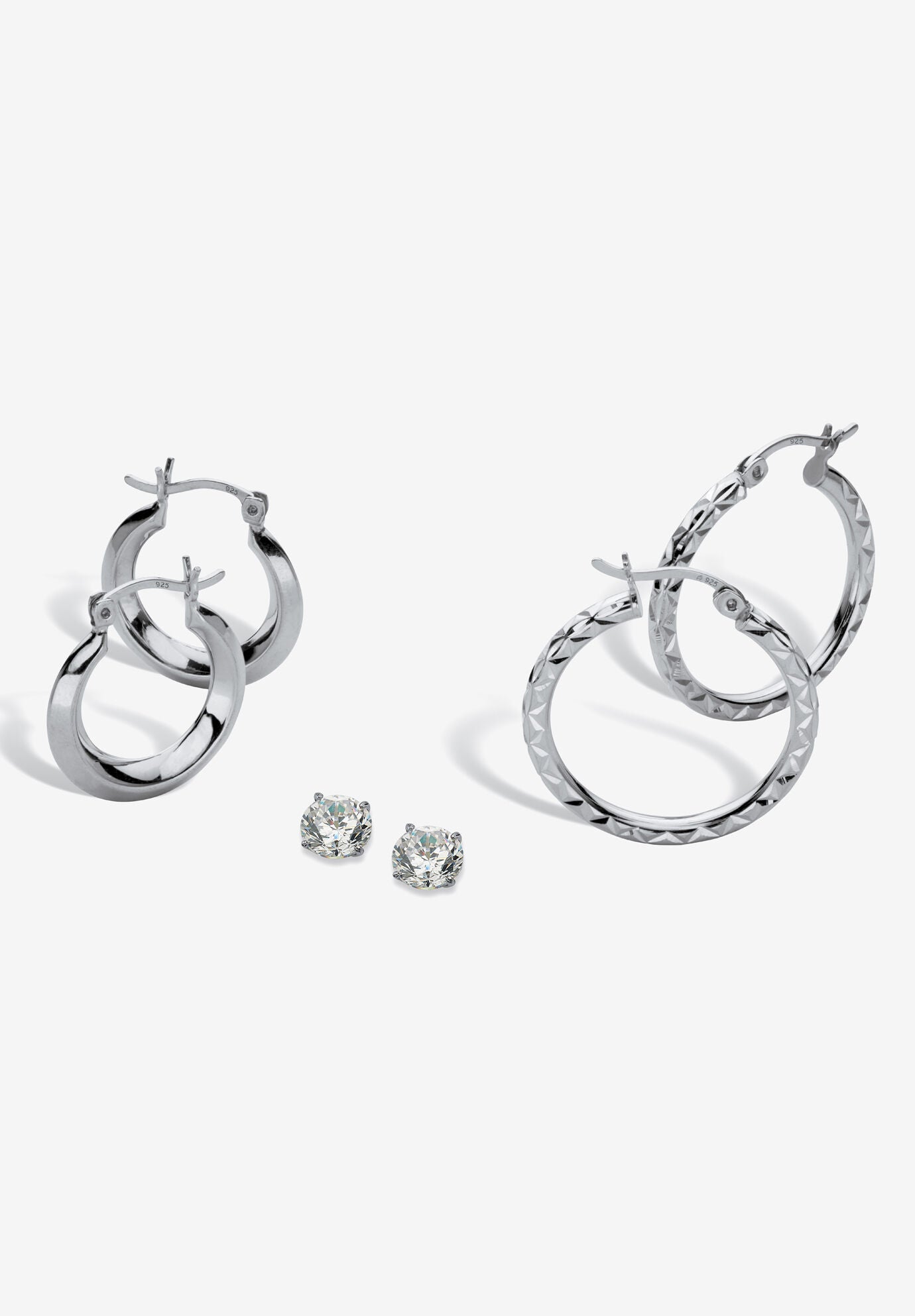 Sterling Silver 3 Piece Stud Earrings & Hoop Set (1 Cttw ) (17.5Mm) (25Mm), SILVER, hi-res image number 0